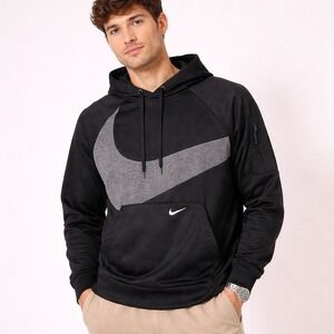Nike Athletic Black Therma-FIT Hoodie Oversized Swoosh Mens Medium